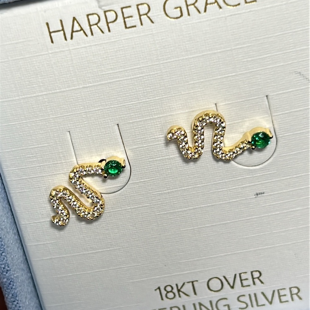 Harper Grace 18 KT over sterling silver Gold and Green Snake‎ Earrings - Picture 4 of 4